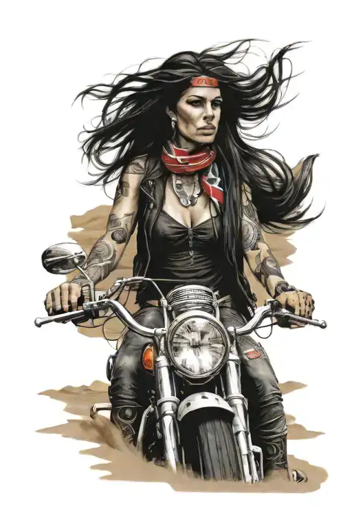 A realistic portrait of a woman with long flowing hair, wearing a rebel flag bandana and riding a Harley Davidson motorcycle through a desert landscape tattoo design idea