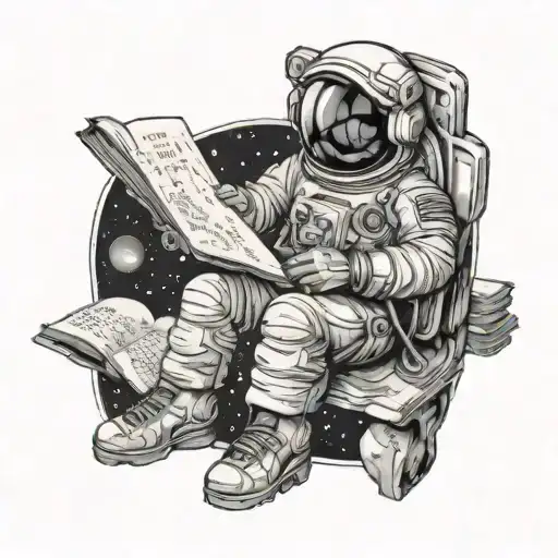 An astronaut reading a book in outer space surrounded by celestial bodies tattoo design idea