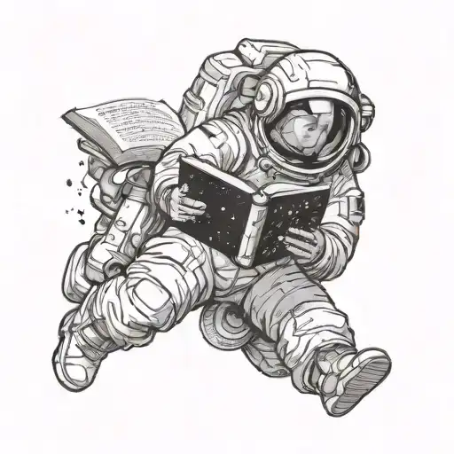 An astronaut reading a book in outer space surrounded by celestial bodies tattoo design idea