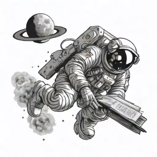 An astronaut reading a book in outer space surrounded by celestial bodies tattoo design idea