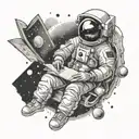 An astronaut reading a book in outer space surrounded by celestial bodies tattoo design idea