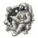 An astronaut reading a book in outer space surrounded by celestial bodies tattoo design idea