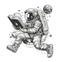An astronaut reading a book in outer space surrounded by celestial bodies tattoo design idea