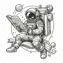 An astronaut reading a book in outer space surrounded by celestial bodies tattoo design idea