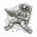 An astronaut reading a book in outer space surrounded by celestial bodies tattoo design idea