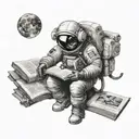An astronaut reading a book in outer space surrounded by celestial bodies tattoo design idea