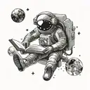 An astronaut reading a book in outer space surrounded by celestial bodies tattoo design idea