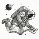 An astronaut reading a book in outer space surrounded by celestial bodies tattoo design idea