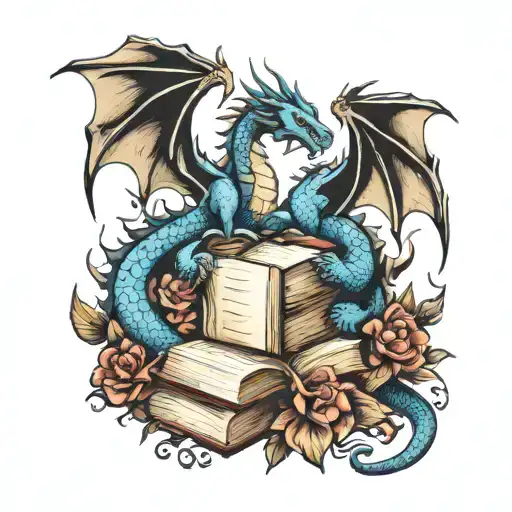 books dragons stars shadows flowers  tattoo design idea