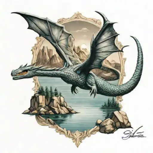 Wyvern flying over a lake with a mermaid sunbathing on a rock with mountains in the background tattoo design idea