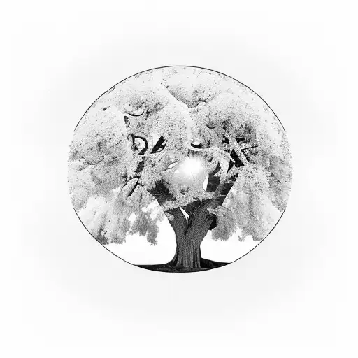 Large tree in a yard with a bicycle leaning against the trunk of the tree and a football jersey number 34 tattoo design idea