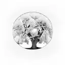 Large tree in a yard with a bicycle leaning against the trunk of the tree and a football jersey number 34 tattoo design idea