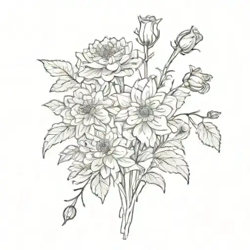 chrysanthemum,  marigold, narcissus, rose, and hawthorn on a long stem each flower is spaced out tattoo design idea