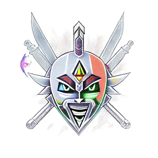 Master sword with majoras mask in color tattoo design idea
