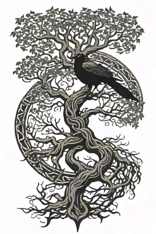 yggdrasil tree with an gungnir spear in is roots , a crow in the branches tattoo design idea