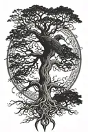 yggdrasil tree with an gungnir spear in is roots , a crow in the branches tattoo design idea