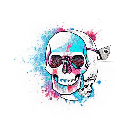 broken skateboard with skull tattoo design idea