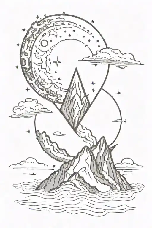 a heart with in the sun and moon there mountain the sea the darkness tattoo design idea