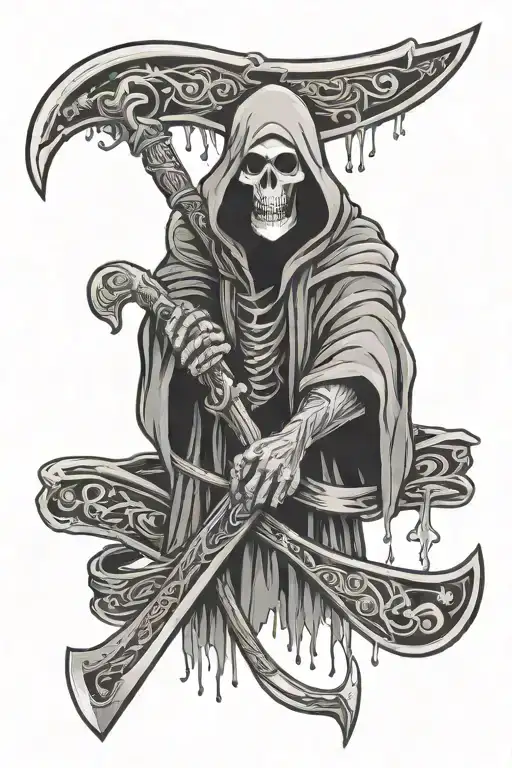 grim reaper holding a scythe cutting the all seeing eye in half. a bag of money with blessed in graffiti letters   tattoo design idea