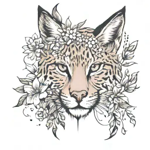Lynx and flowers blooming tattoo design idea