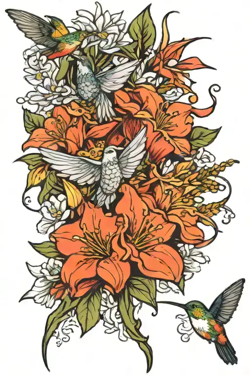 narcissis flowers, honey suckle flowers and a hummingbird   tattoo design idea