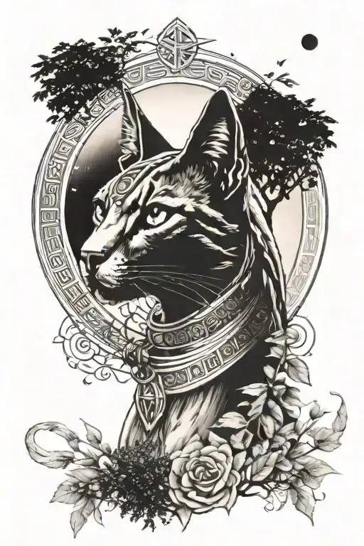 Bastet Egyptian Goddess, moon, trees, pentagram tattoo design idea