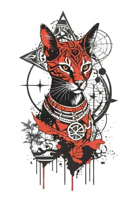 Bastet Egyptian Goddess, moon, trees, pentagram tattoo design idea