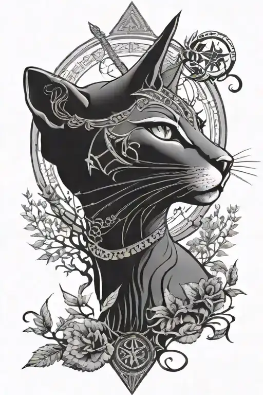 Bastet Egyptian Goddess, moon, trees, pentagram tattoo design idea