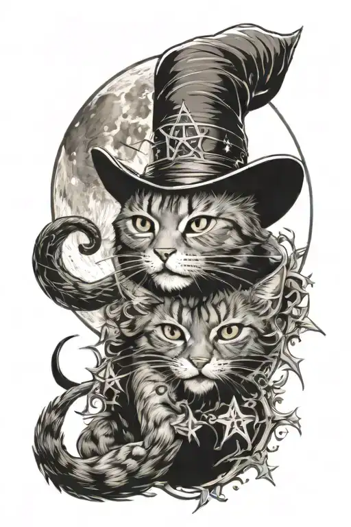 Cat, moon, pentagram drawn tattoo design idea