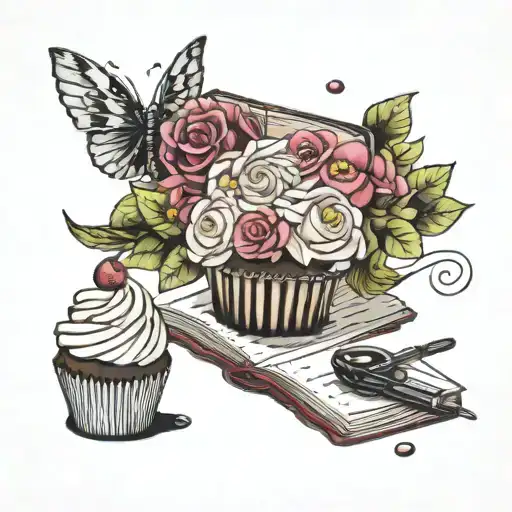 book, candy, sewing needle and cupcake bouquet   tattoo design idea