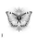 3d butterfly sitting on the word Agapè tattoo design idea
