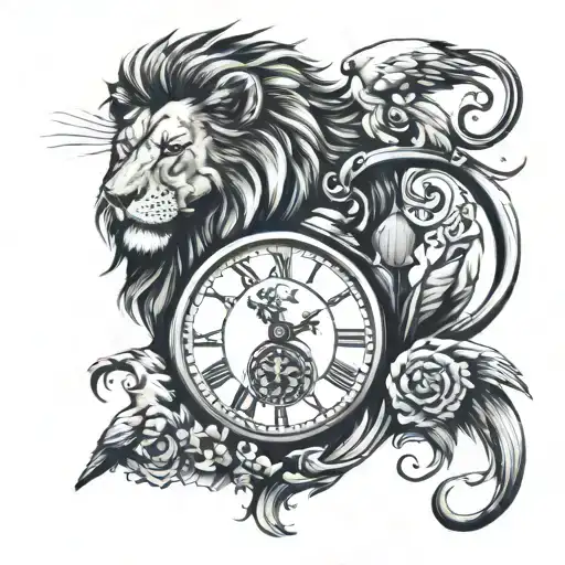 Lion with broken clock and birds tattoo design idea