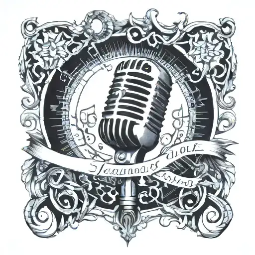 A detailed microphone with intricate patterns and designs, surrounded by musical notes and sound waves tattoo design idea