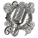 A detailed microphone with intricate patterns and designs, surrounded by musical notes and sound waves tattoo design idea
