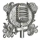 A detailed microphone with intricate patterns and designs, surrounded by musical notes and sound waves tattoo design idea