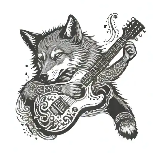 Design a tattoo of a wolf playing a guitar with intricate dotwork details tattoo design idea
