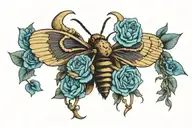 death's head moth in center with blue roses on either side tattoo design idea