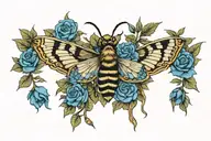 death's head moth in center with blue roses on either side tattoo design idea
