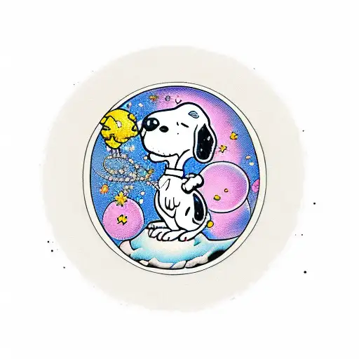 Traditional-style Snoopy sitting on a moon with a bouquet of space-themed flowers tattoo design idea