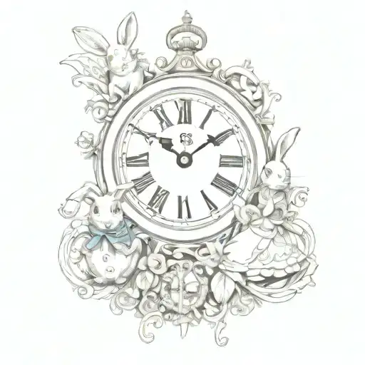 Alice in Wonderland, surrounded by elements of the story such as the white rabbit's clock, key tattoo design idea