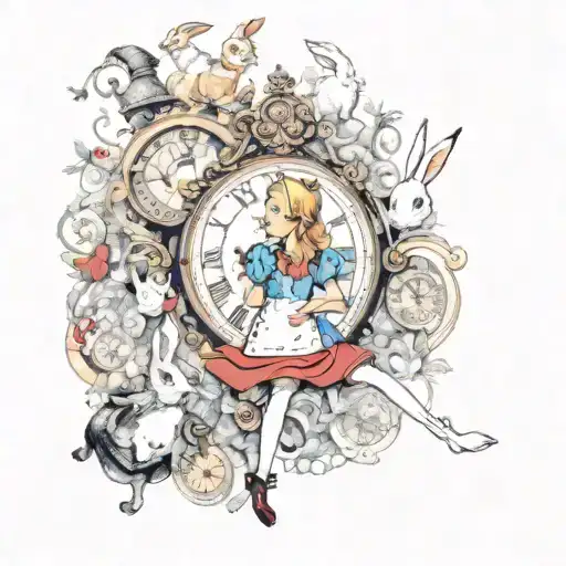 Alice in Wonderland, surrounded by elements of the story such as the white rabbit's clock, key tattoo design idea