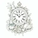 Alice in Wonderland, surrounded by elements of the story such as the white rabbit's clock, key tattoo design idea