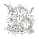 Alice in Wonderland, surrounded by elements of the story such as the white rabbit's clock, key tattoo design idea