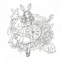 Alice in Wonderland, surrounded by elements of the story such as the white rabbit's clock, key tattoo design idea