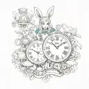 Alice in Wonderland, surrounded by elements of the story such as the white rabbit's clock, key tattoo design idea