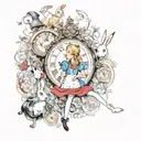 Alice in Wonderland, surrounded by elements of the story such as the white rabbit's clock, key tattoo design idea