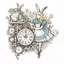 Alice in Wonderland, surrounded by elements of the story such as the white rabbit's clock, key tattoo design idea