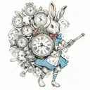 Alice in Wonderland, surrounded by elements of the story such as the white rabbit's clock, key tattoo design idea