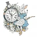 Alice in Wonderland, surrounded by elements of the story such as the white rabbit's clock, key tattoo design idea