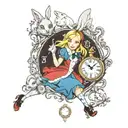 Alice in Wonderland, surrounded by elements of the story such as the white rabbit's clock, key tattoo design idea